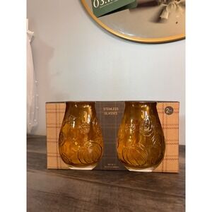 Happy Harvest Amber Pumpkin Stemless Wine Glasses Set of 2 Fall Decor 23.2oz NEW